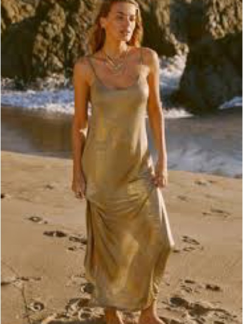 Anthropologie | Gold Heather Strappy Shimmer Maxi Slip Dress w/Side Slits